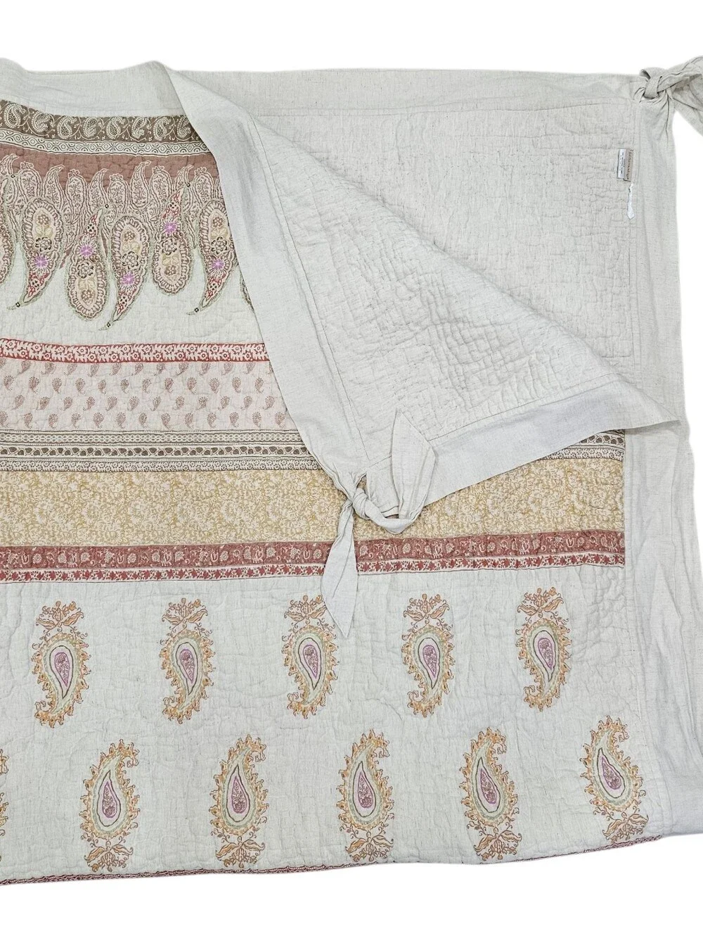 Soft Surroundings Paisley Stripe QUEEN Muslin Quilt Oatmeal Pink Mustard Muted